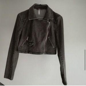 Free People cropped moto denim jacket washed black